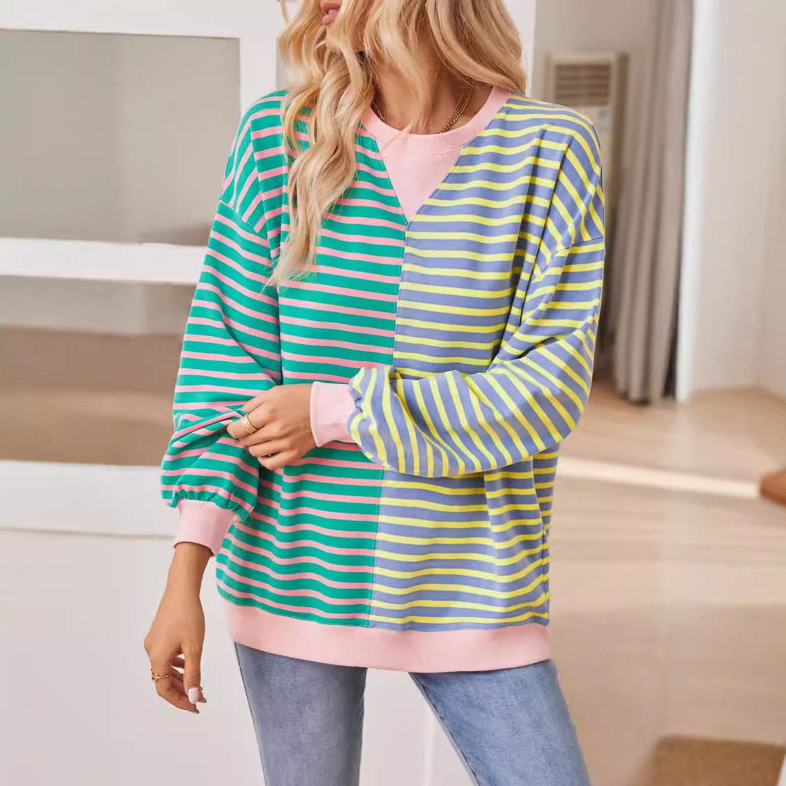 Women's Crew Neck Striped Casual Spring/Fall Long Sleeve Sweatshirt