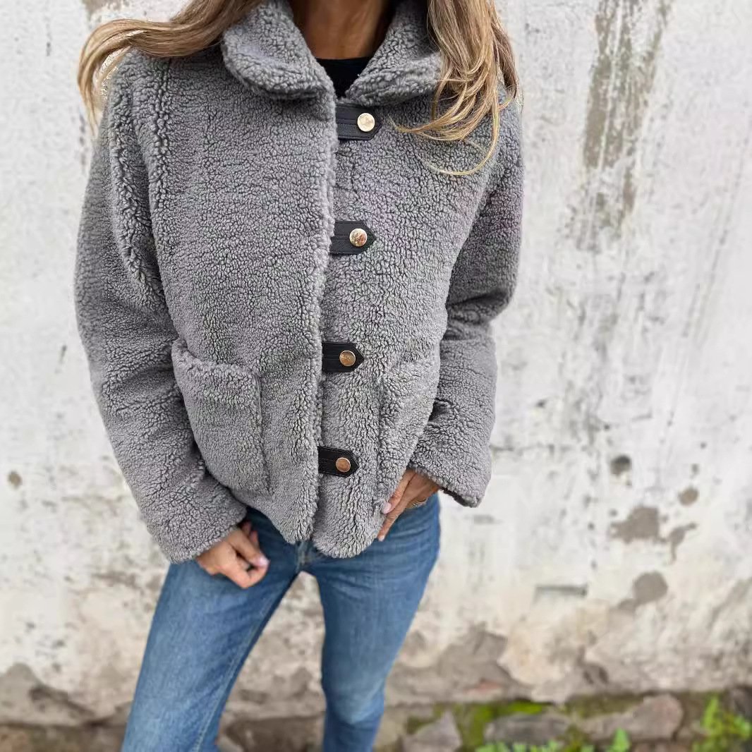 Women's Winter Outerwear Casual Buckle Plain Long Sleeve Shirt Collar Fleece Coat