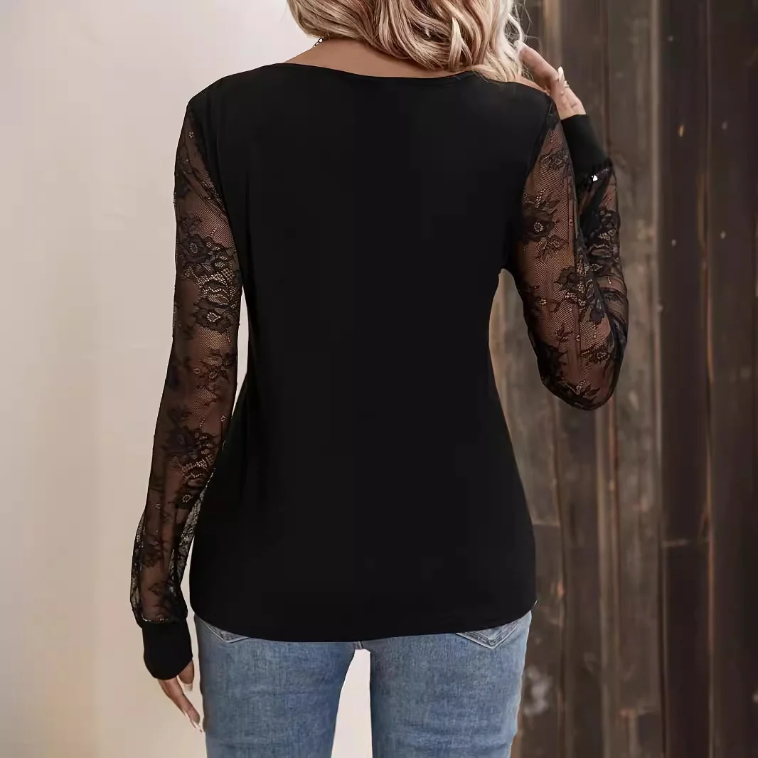 Women's Long Sleeve Blouse Spring/Fall Plain Lace V Neck Daily Going Out Casual Top