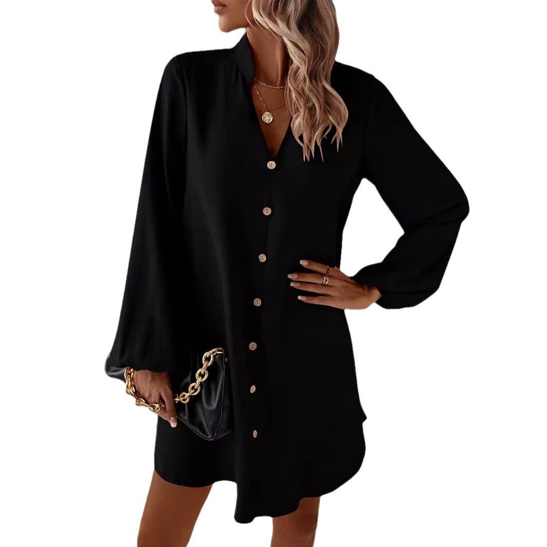 Women's Long Sleeve Summer Plain Buckle Dress V Neck Daily Going Out Casual Knee Length H-Line