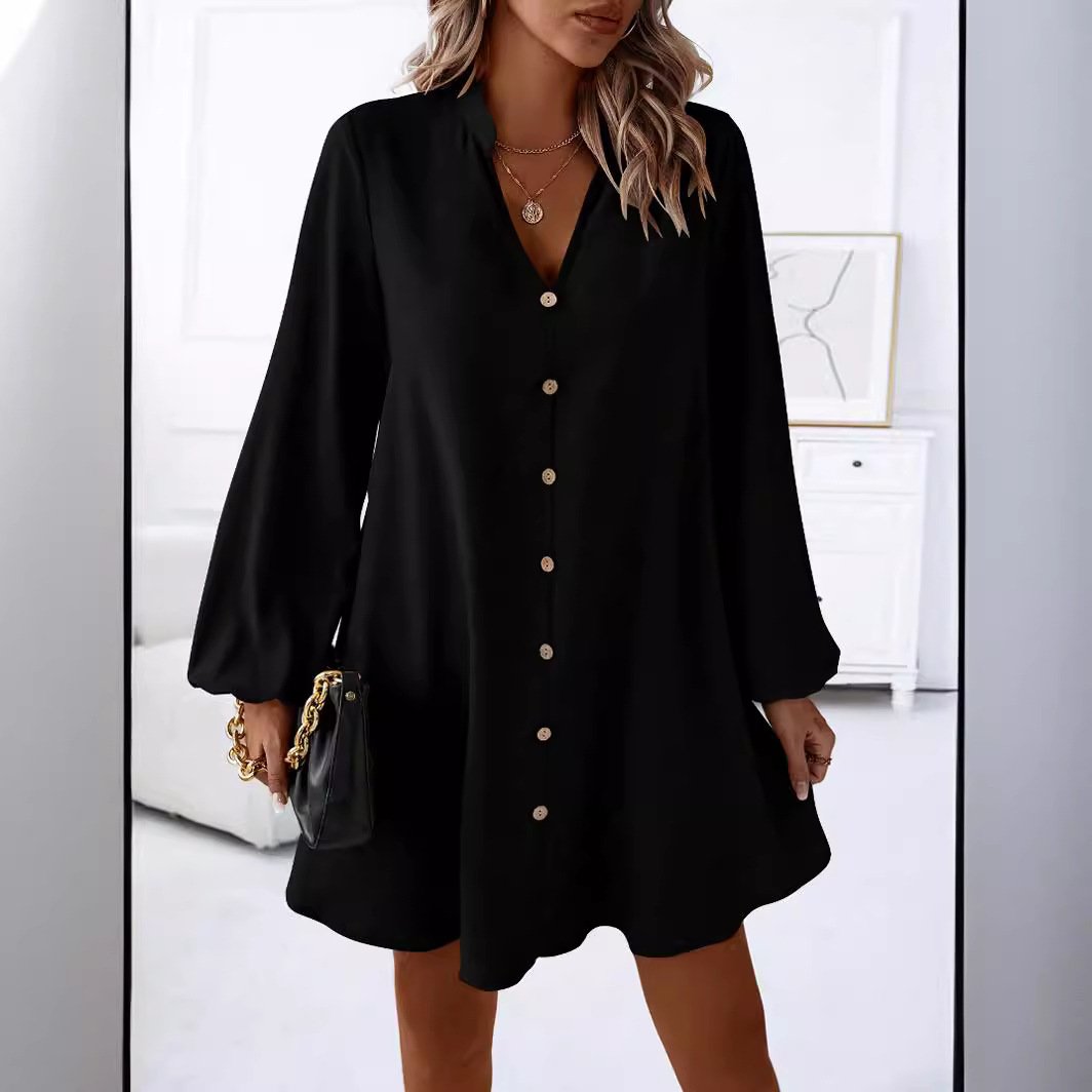 Women's Long Sleeve Summer Plain Buckle Dress V Neck Daily Going Out Casual Knee Length H-Line