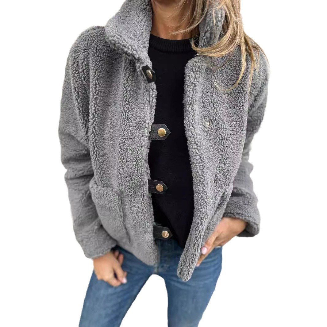 Women's Winter Outerwear Casual Buckle Plain Long Sleeve Shirt Collar Fleece Coat