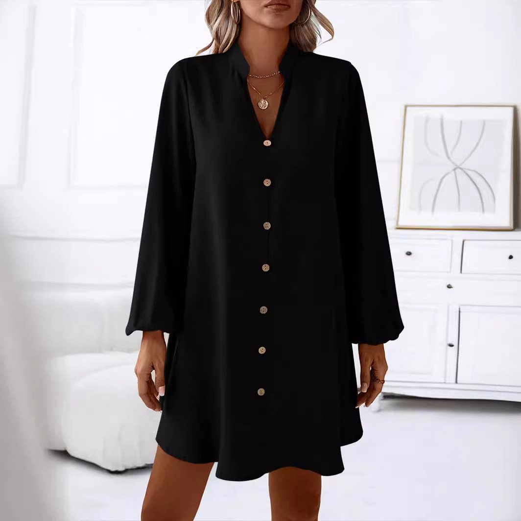 Women's Long Sleeve Summer Plain Buckle Dress V Neck Daily Going Out Casual Knee Length H-Line