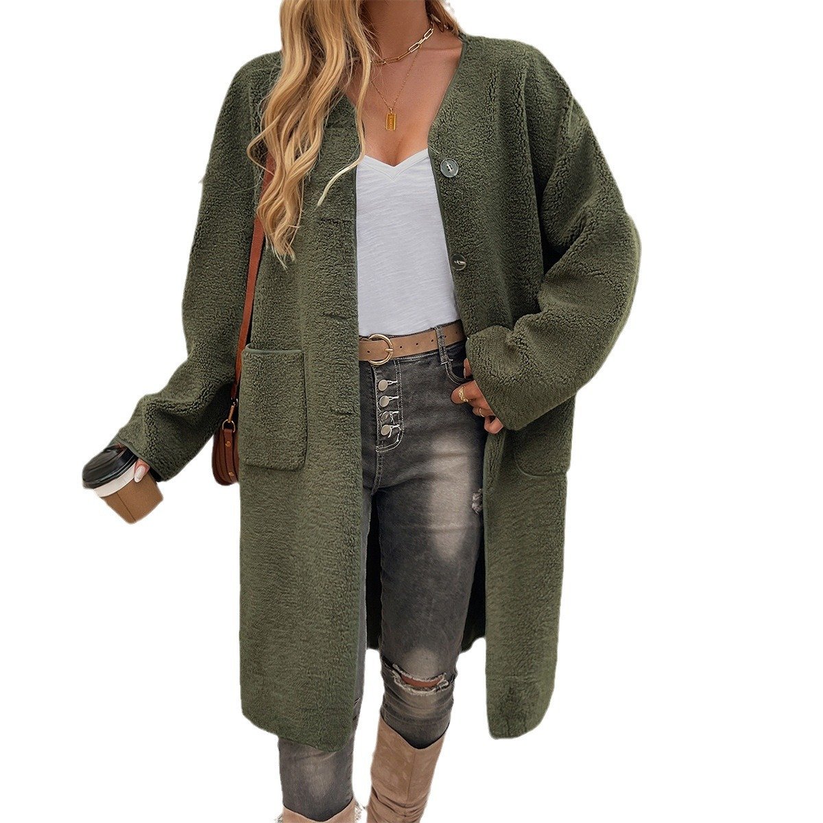 Women's Winter Outerwear Casual Buckle Plain Long Sleeve Crew Neck Fleece Coat