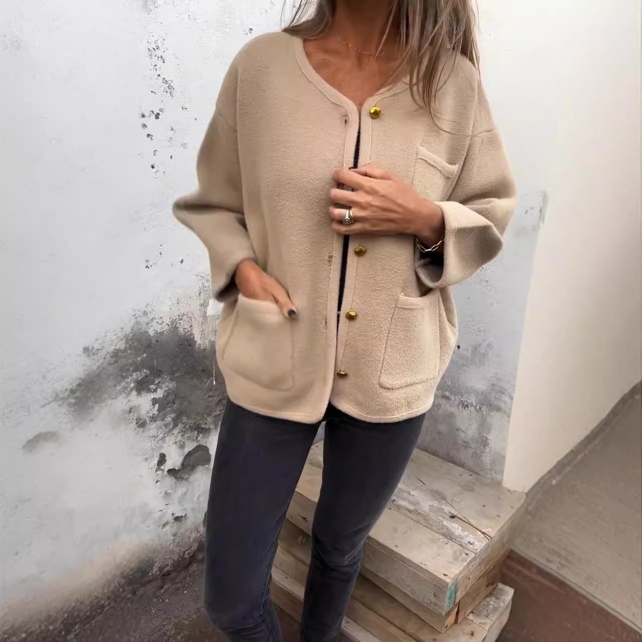 Women's Winter Outerwear Casual Buckle Plain Long Sleeve Crew Neck Fleece Coat