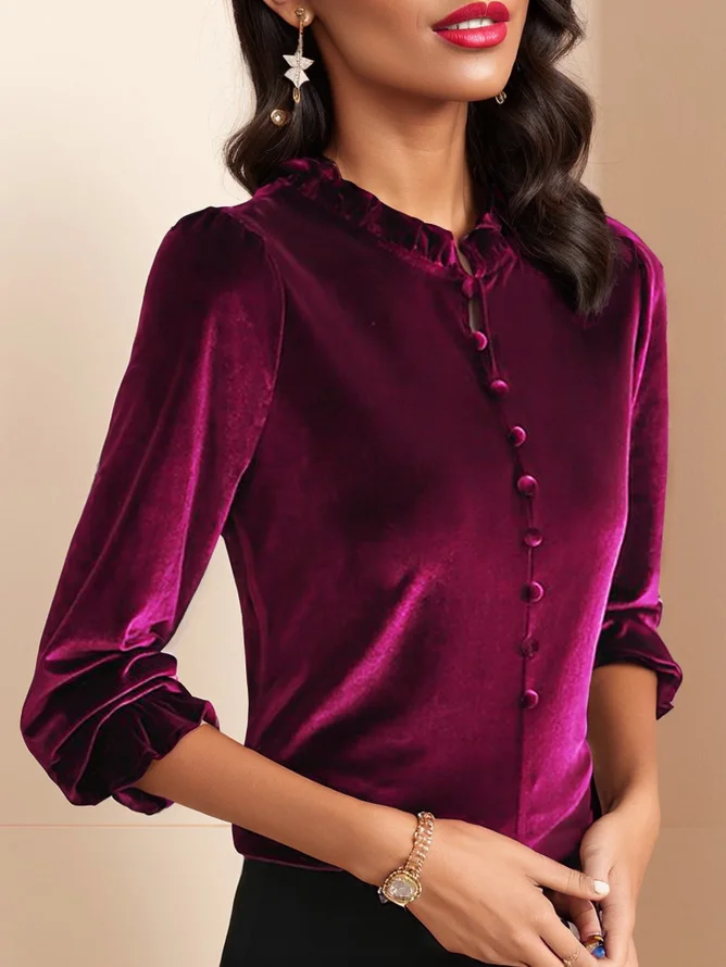 Women's Long Sleeve Blouse Spring/Fall Plain Buckle Velvet Lotus Leaf Collar Daily Going Out Casual Top