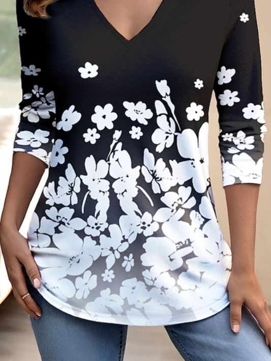 Women's Long Sleeve Tee T-shirt Spring/Fall Floral Jersey V Neck Daily Going Out Casual Top