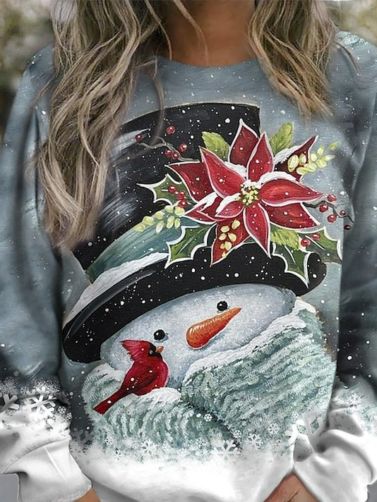 Women's Crew Neck Christmas Snowman Casual Spring/Fall Long Sleeve Sweatshirt