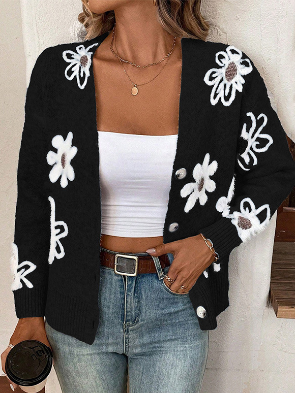 Women's Casual Spring/Fall Floral Yarn/Wool Yarn Buckle Cardigan