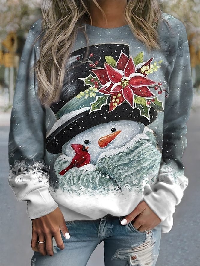 Women's Crew Neck Christmas Snowman Casual Spring/Fall Long Sleeve Sweatshirt