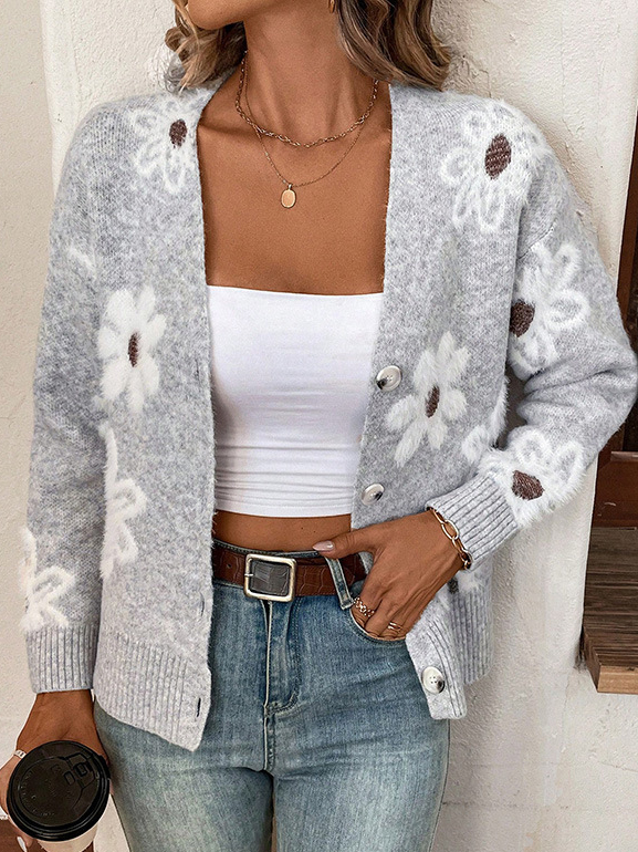 Women's Casual Spring/Fall Floral Yarn/Wool Yarn Buckle Cardigan