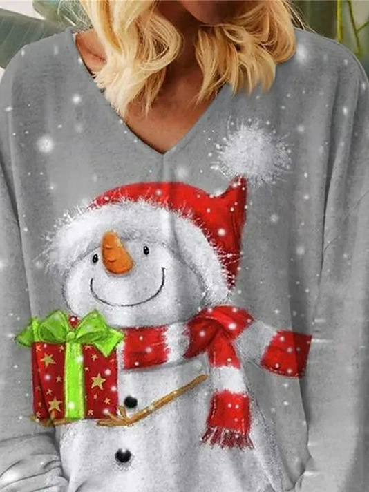 Women's Long Sleeve Tee T-shirt Spring/Fall Christmas Snowman Jersey V Neck Daily Going Out Casual Top