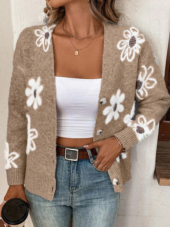 Women's Casual Spring/Fall Floral Yarn/Wool Yarn Buckle Cardigan