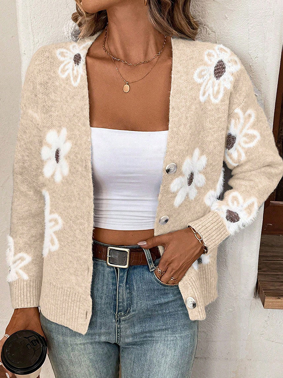 Women's Casual Spring/Fall Floral Yarn/Wool Yarn Buckle Cardigan