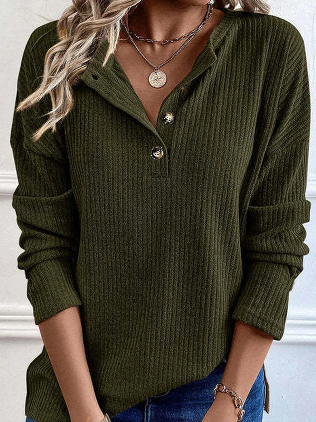 Women's Long Sleeve Blouse Spring/Fall Plain Buttoned Jersey V Neck Daily Going Out Casual Top