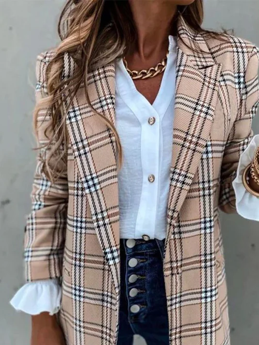 Women's Spring/Fall Outerwear Casual Plaid Long Sleeve Lapel Collar Mid-long Blazer