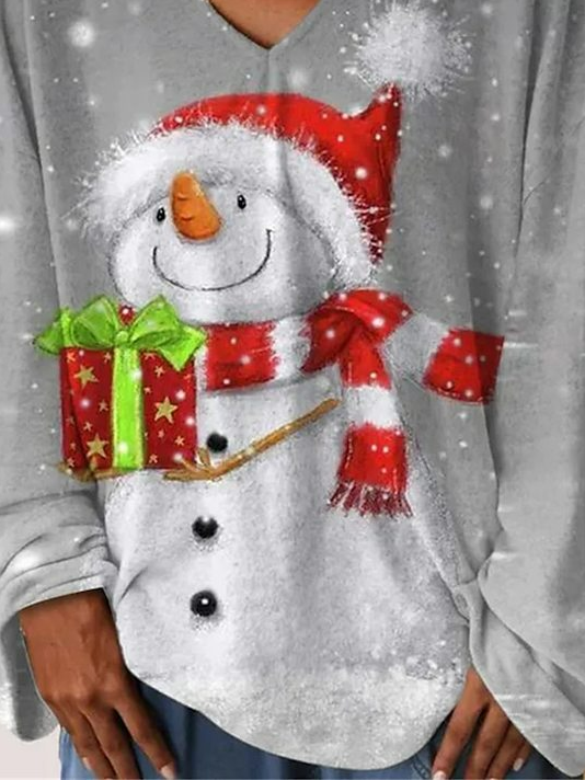 Women's Long Sleeve Tee T-shirt Spring/Fall Christmas Snowman Jersey V Neck Daily Going Out Casual Top