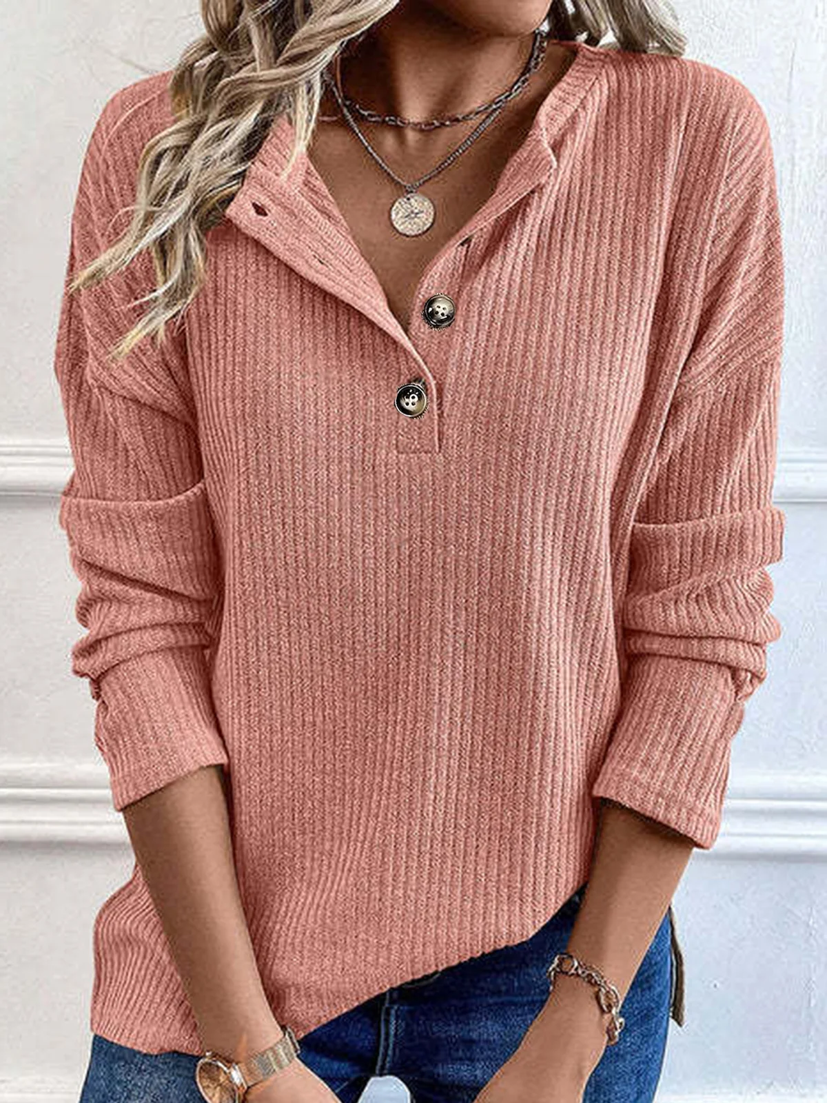 Women's Long Sleeve Blouse Spring/Fall Plain Buttoned Jersey V Neck Daily Going Out Casual Top