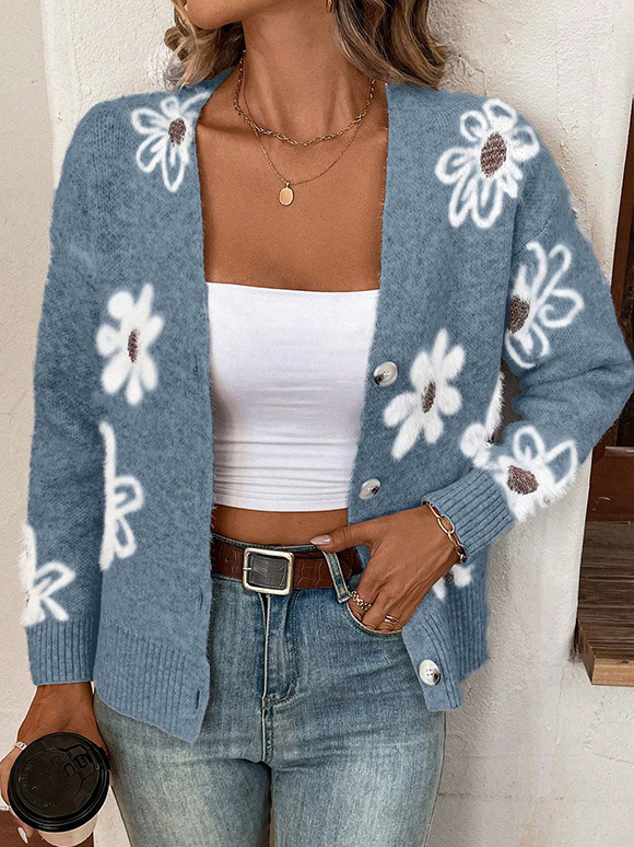 Women's Casual Spring/Fall Floral Yarn/Wool Yarn Buckle Cardigan