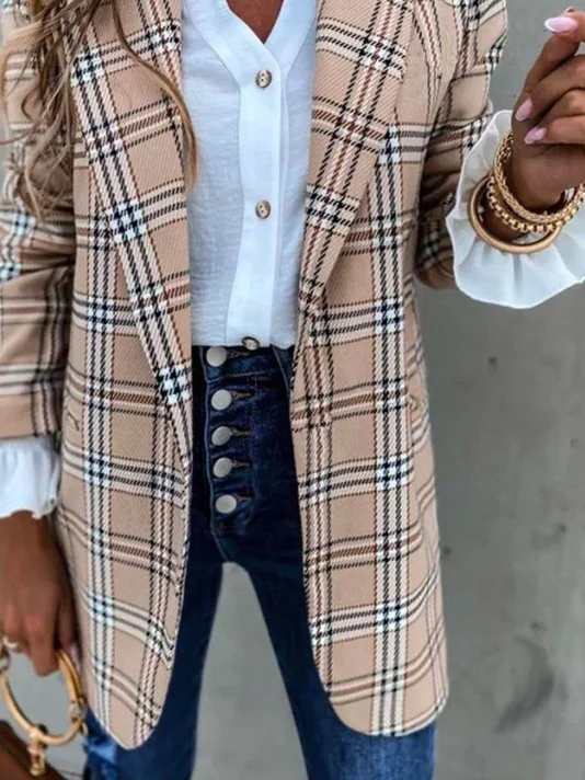 Women's Spring/Fall Outerwear Casual Plaid Long Sleeve Lapel Collar Mid-long Blazer