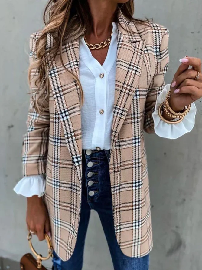 Women's Spring/Fall Outerwear Casual Plaid Long Sleeve Lapel Collar Mid-long Blazer