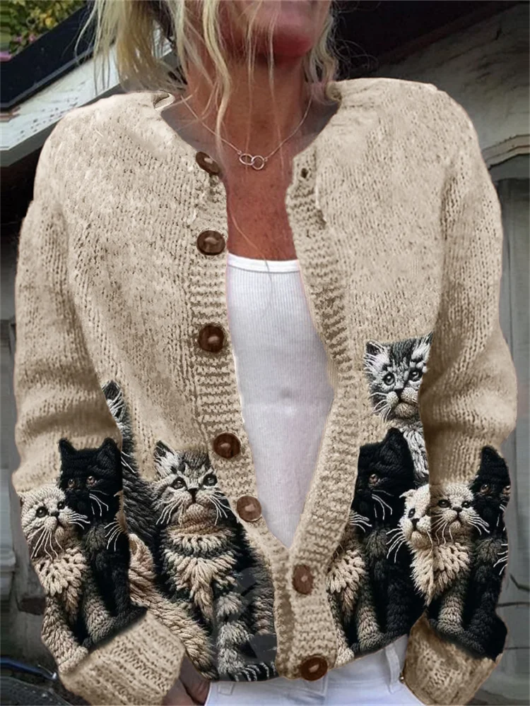 Women's Casual Winter Cats Printed Knitted Cardigan