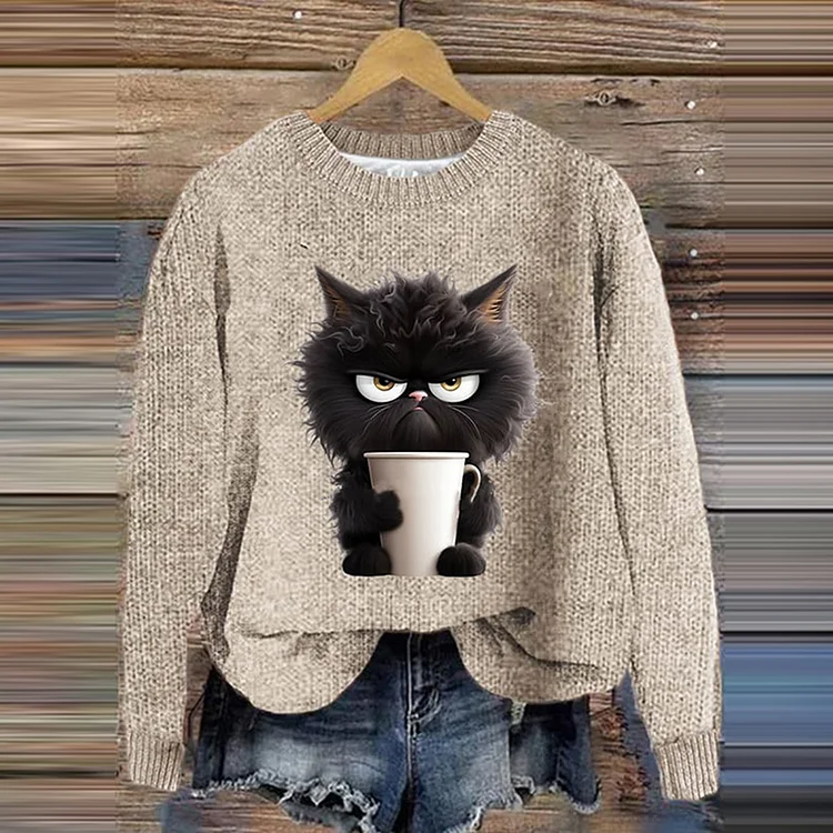 Women's Winter Cat Casual Long Sleeve Crew Neck Knitted Sweater