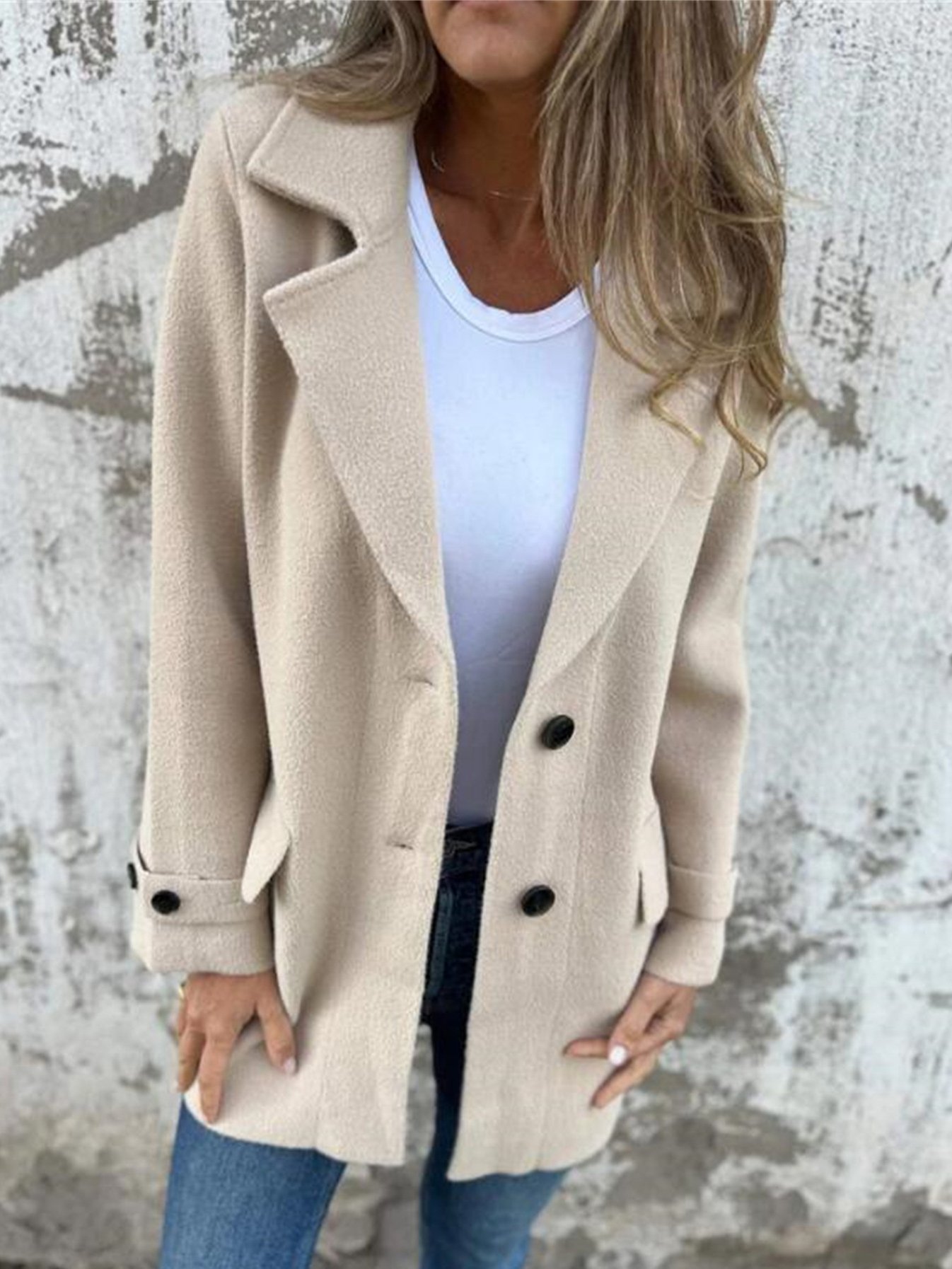 Women's Spring/Fall Outerwear Casual Woolen Buckle Plain Long Sleeve Shawl Collar Jacket