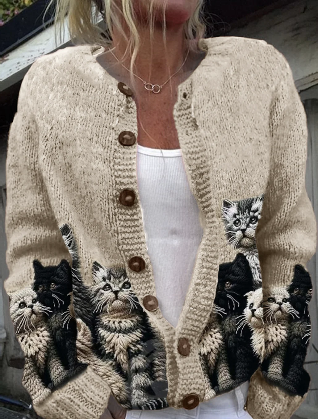 Women's Casual Winter Cats Printed Knitted Cardigan