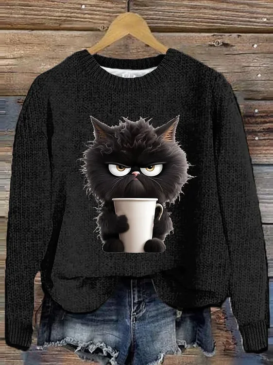 Women's Winter Cat Casual Long Sleeve Crew Neck Knitted Sweater