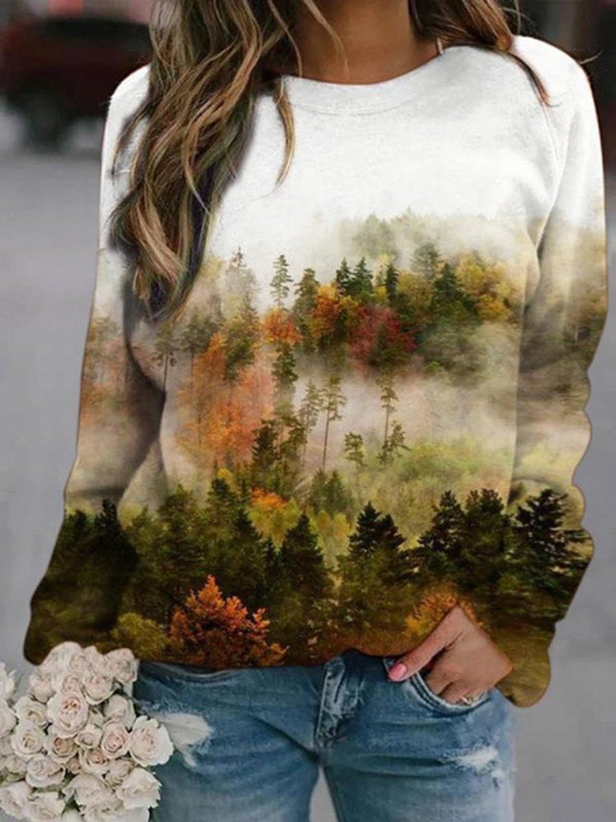 Women's Crew Neck Ethnic Casual Spring/Fall Jersey Long Sleeve Sweatshirt