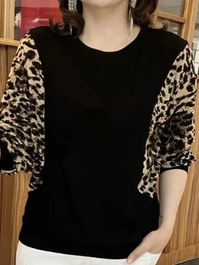 Women's Long Sleeve Blouse Spring/Fall Leopard Split Joint Crew Neck Daily Going Out Casual Top