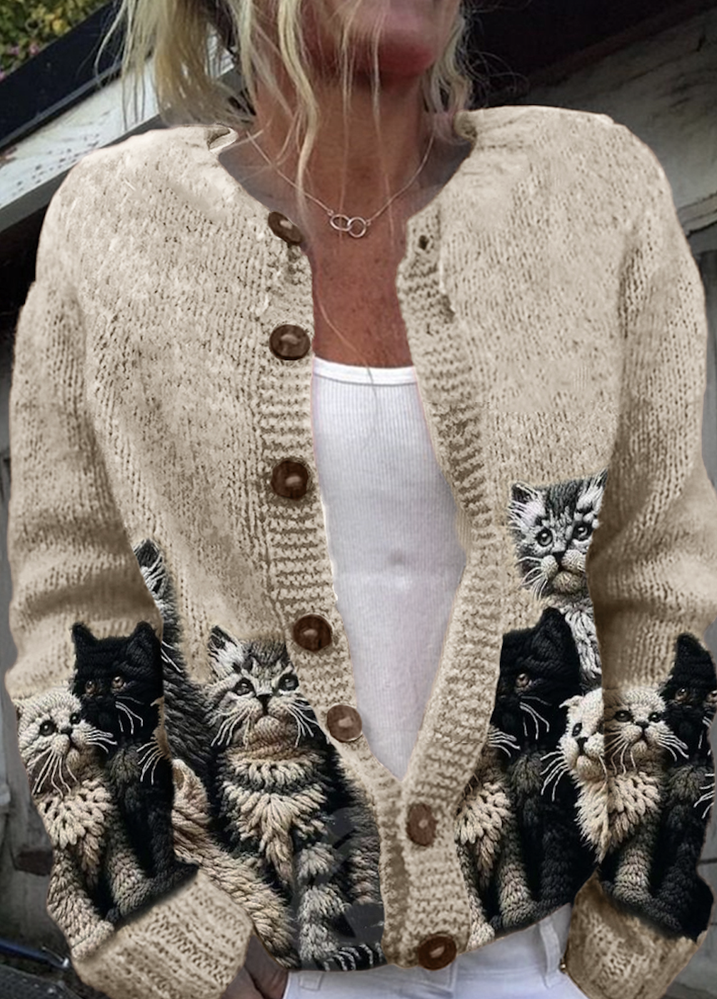 Women's Casual Winter Cats Printed Knitted Cardigan