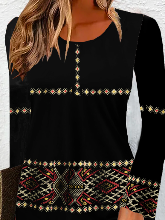 Women's Long Sleeve Spring/Fall Ethnic Jersey Dress Crew Neck Daily Going Out Vintage Mini H-Line T-Shirt Dress