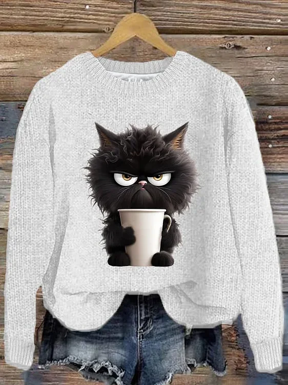 Women's Winter Cat Casual Long Sleeve Crew Neck Knitted Sweater