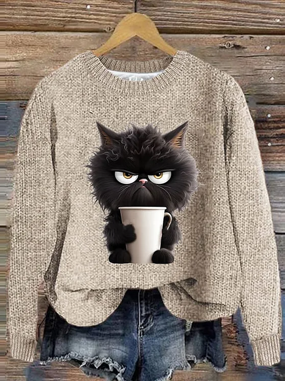 Women's Winter Cat Casual Long Sleeve Crew Neck Knitted Sweater