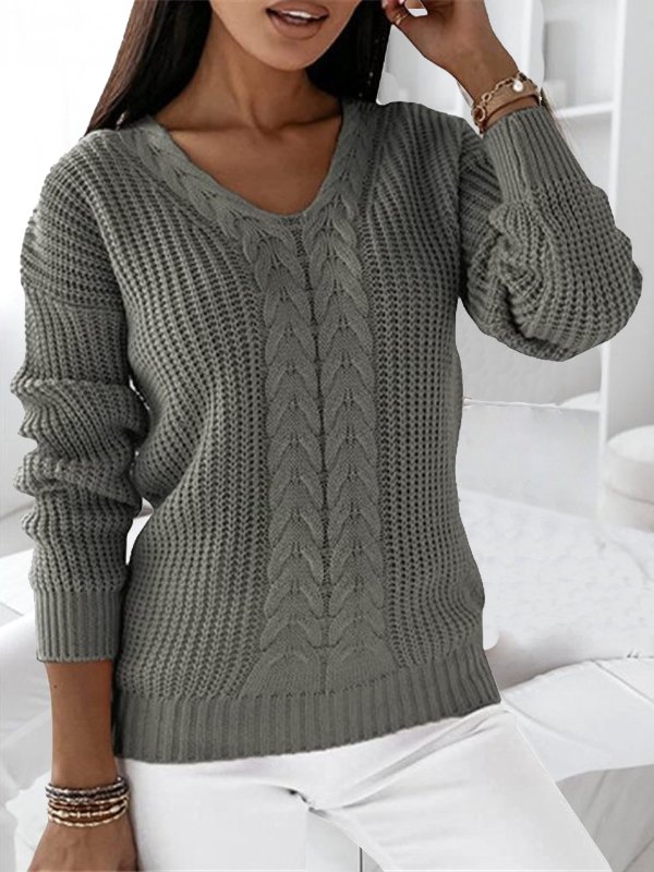 Women's Winter Plain Casual Long Sleeve V Neck Yarn/Wool Yarn Sweater