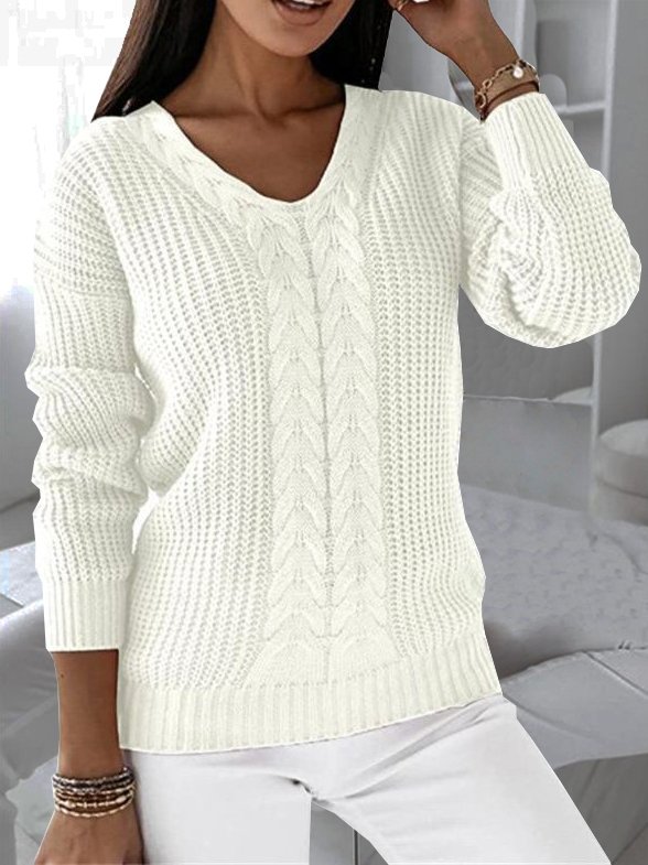 Women's Winter Plain Casual Long Sleeve V Neck Yarn/Wool Yarn Sweater