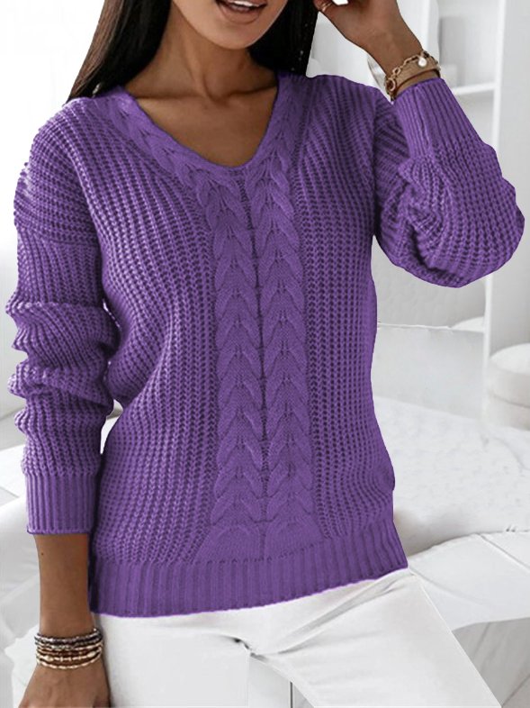 Women's Winter Plain Casual Long Sleeve V Neck Yarn/Wool Yarn Sweater