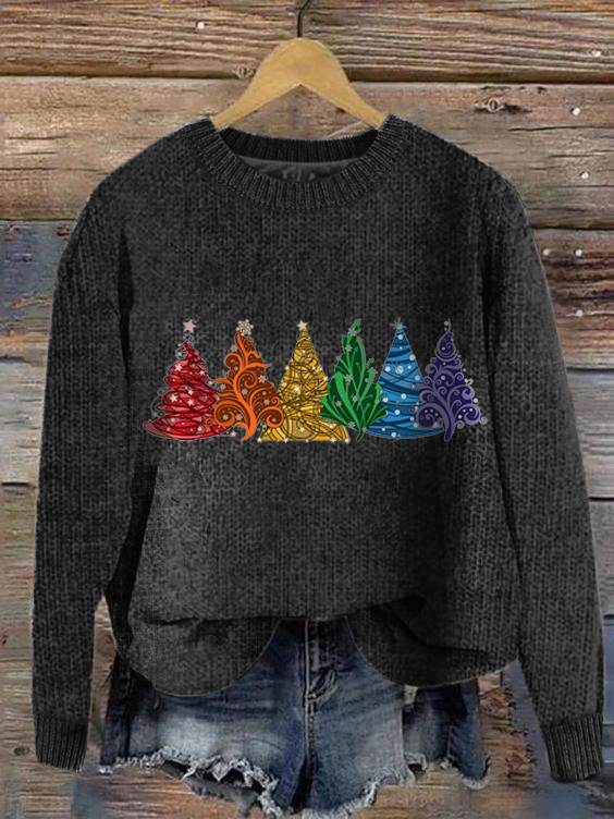 Women's Winter Christmas Tree Casual Long Sleeve Crew Neck Knitted Sweater