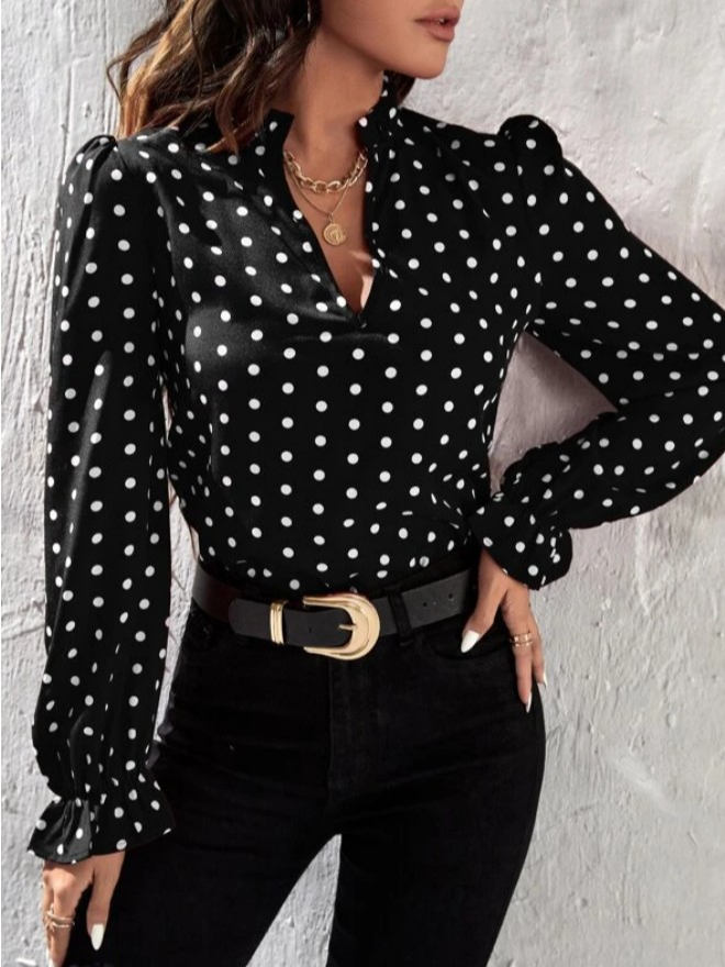 Women's Long Sleeve Blouse Spring/Fall Polka Dots Stand Collar Daily Going Out Casual Top