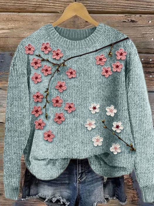 Women's Floral Winter Casual Long Sleeve Crew Neck Knitted Sweater