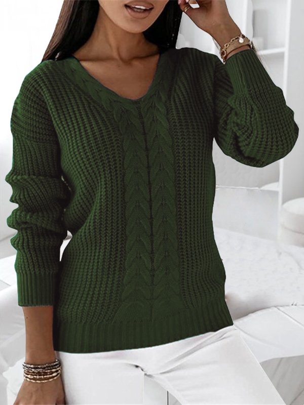 Women's Winter Plain Casual Long Sleeve V Neck Yarn/Wool Yarn Sweater