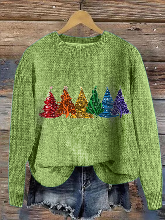 Women's Winter Christmas Tree Casual Long Sleeve Crew Neck Knitted Sweater