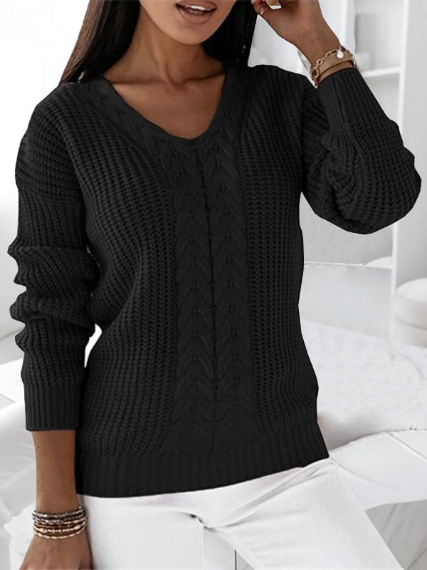 Women's Winter Plain Casual Long Sleeve V Neck Yarn/Wool Yarn Sweater