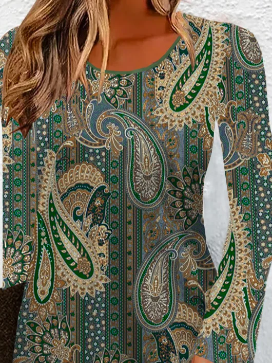 Women's Long Sleeve Spring/Fall Paisley Dress Crew Neck Daily Going Out Vintage Mini T-Shirt Dress H-Line Dress