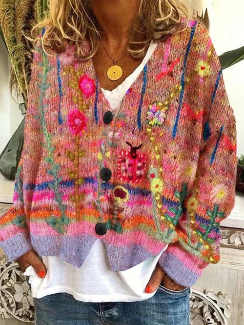 Women's Casual Winter Floral Yarn/Wool Yarn Cardigan