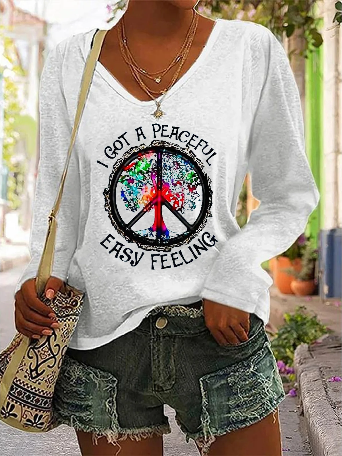 Women's Long Sleeve Tee T-shirt Spring/Fall Hippie V Neck Daily Going Out Casual Top