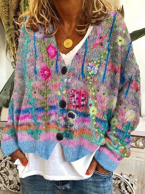 Women's Casual Winter Floral Yarn/Wool Yarn Cardigan