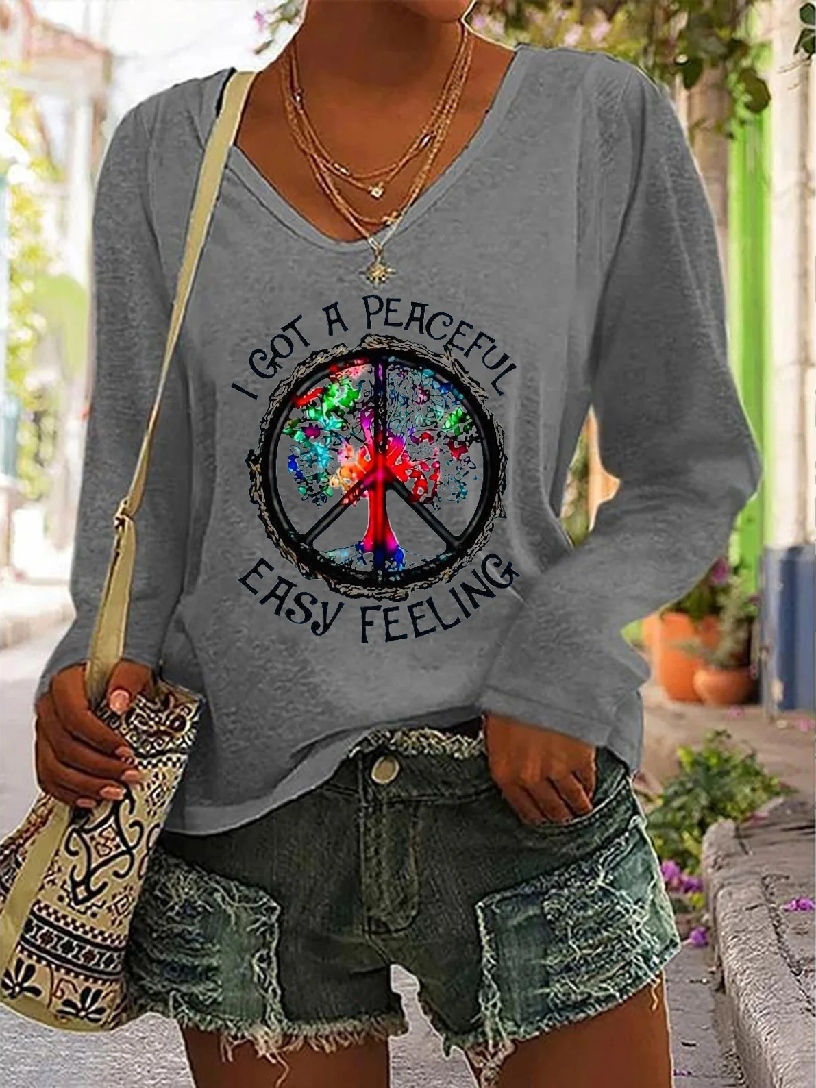 Women's Long Sleeve Tee T-shirt Spring/Fall Hippie V Neck Daily Going Out Casual Top